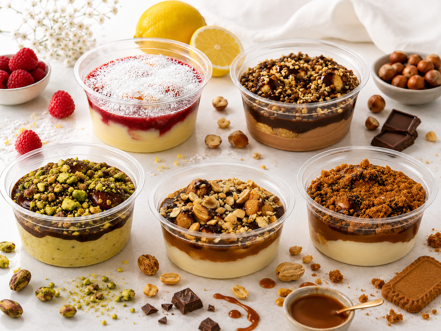 Cinq pots de profiterole individuels avec 3 choux par pot et garnis de toppings croquants â spĂ©culoos, pistache, noisette, caramel et framboise-coco â entourĂ©s de leurs ingrĂ©dients : citron, framboises, noisettes, pistaches, biscuits spĂ©culoos et caramel